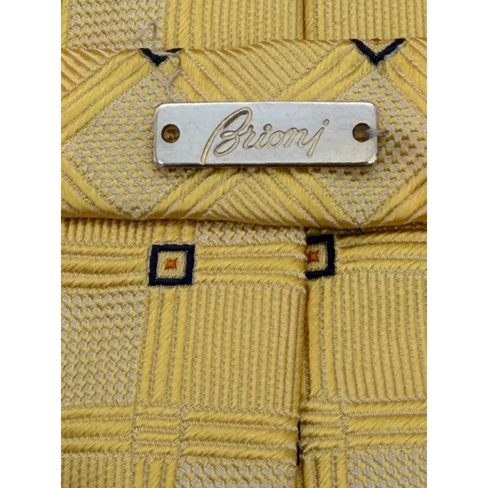 Brioni Santostefano Yellow Geometric Silk Tie HandMade Italy Checkered Navy TD17